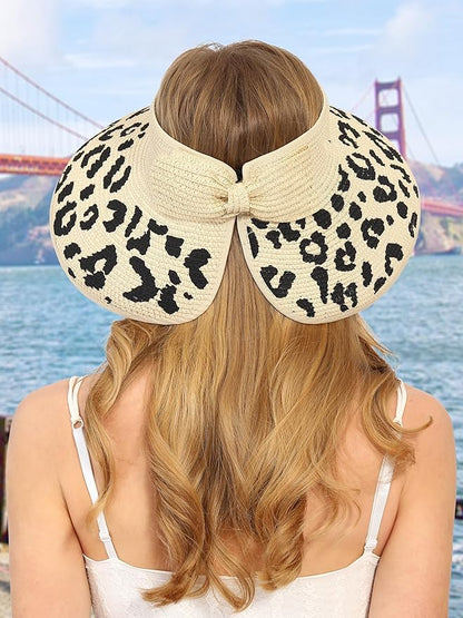 Womens Beach Straw Sun Hats Ponytail Hole Wide Brim Summer Visor Foldable Hat Sun Protection Packable for Travel Pool