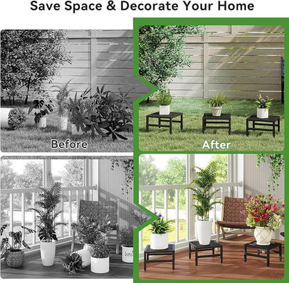 IBUYKE 3 Pack Metal Plant Stand Indoor Outdoor, Heavy Duty Small Flower Pot Stand, Modern Square Plant Shelf Flower Stand for Living Room Patio Balcony Garden, Black TMJ075B-3