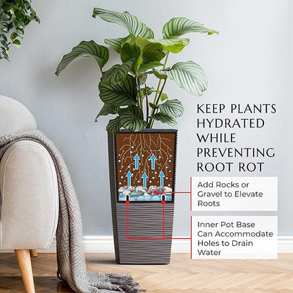 Mueller Janska M-Resin Heavy Duty Tall Planter, Indoor/Outdoor Grande Plant, Tree, Flower Pot, 2-Piece Set, 18”, Modern Design, Built-in Drainage, Mocha