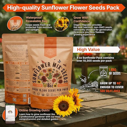 Sunflower Mix Seeds Pack 8 oz - Over 10,300 Non-GMO Heirloom Sunflower Seeds for Planting, Annual Flowers in Individual Seed Packet for Planting Home Garden Indoor & Outdoor Gardening (Pack of 2)