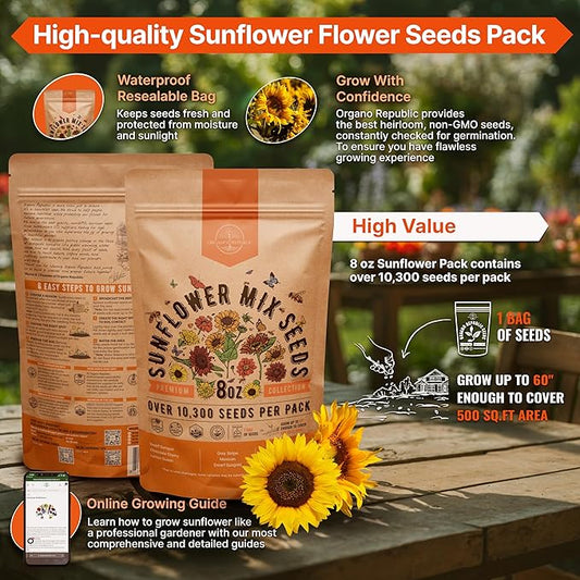 Sunflower Mix Seeds Pack 8 oz - Over 10,300 Non-GMO Heirloom Sunflower Seeds for Planting, Annual Flowers in Individual Seed Packet for Planting Home Garden Indoor & Outdoor Gardening (Pack of 2)
