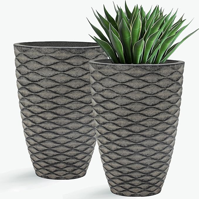 20" Tall Planters Set of 2, High-Density Resin Wavy Outdoor Pots for Plants, Versatile Indoor/Outdoor Flower Pots w/Drainage Holes for Patio, Garden, Porch & Living Room Decor, Ideal Gift