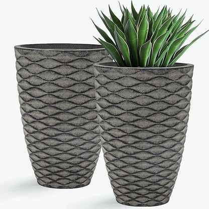 20" Tall Planters Set of 2, High-Density Resin Wavy Outdoor Pots for Plants, Versatile Indoor/Outdoor Flower Pots w/Drainage Holes for Patio, Garden, Porch & Living Room Decor, Ideal Gift