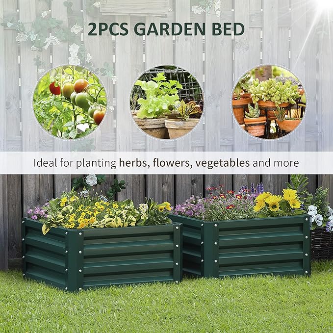 Outsunny 2 Piece Galvanized Raised Garden Bed, 2' x 2' x 1' Metal Planter Box for Growing Vegetables, Flowers, Herbs, Succulents, Green