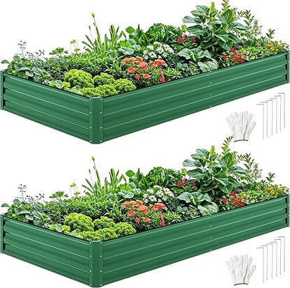 DWVO 2pcs 8 x 4 x 1 FT Raised Garden Bed Kit, Outdoor Galvanized Flower Bed with Safety Rubber and Gloves, Large Metal Planter Box for Vegetables, Flowers, Herbs, Fruits, Green