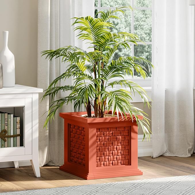 Rattan Style Outdoor Planter Box - 14.65-Inch-Square Decorative Flower or Plant Pot - Garden, Patio and Front Porch Decor by Pure Garden (Terracotta)