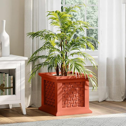 Rattan Style Outdoor Planter Box - 14.65-Inch-Square Decorative Flower or Plant Pot - Garden, Patio and Front Porch Decor by Pure Garden (Terracotta)