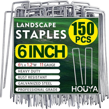 150 PCS Landscape Staples 6 Inch Galvanized Garden Stakes Garden Staples Pins Anti-Rust Ground Stakes for Weed Barrier, Irrigation Hose, Yard Lawn SOD, Landscape Fabric, Decor 6"L x1.2"W 150pcs