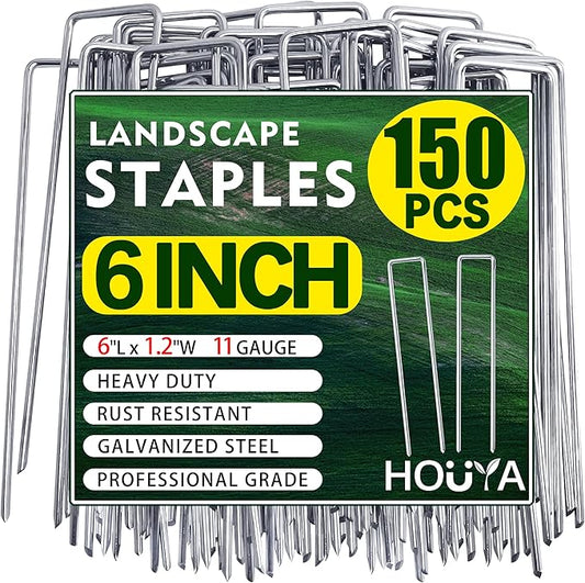 150 PCS Landscape Staples 6 Inch Galvanized Garden Stakes Garden Staples Pins Anti-Rust Ground Stakes for Weed Barrier, Irrigation Hose, Yard Lawn SOD, Landscape Fabric, Decor 6"L x1.2"W 150pcs