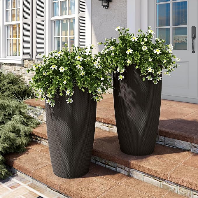 22" Tall Planter Set of 2, Large Self Watering Pots for Indoor/Outdoor Plants with Drain Holes, Water Level Monitor, Inner Bucket for Front Porch Patio, Brown Rattan Conical
