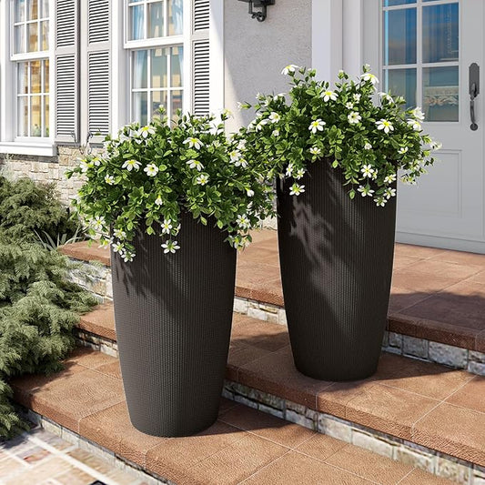22" Tall Planter Set of 2, Large Self Watering Pots for Indoor/Outdoor Plants with Drain Holes, Water Level Monitor, Inner Bucket for Front Porch Patio, Brown Rattan Conical