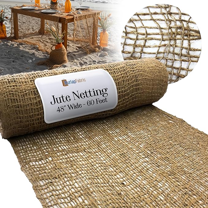Burlap Natural Jute Netting – 48" Wide Biodegradable Mesh Fabric for Erosion Control, Mulch Retention, Landscaping, Fishing Net Decor, Ocean Party Decorations, Pirate Decor, and DIY Crafts, 60 Feet