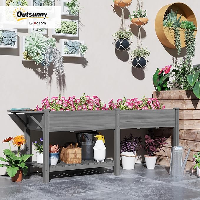 Outsunny Raised Garden Bed, Wood Elevated Planter Box with Side Table, Bottom Shelf, Outdoor Raised Planter with Bed Liners, Drainage Holes for Vegetable Flower, 81.5 x 23 x 31 in, Gray
