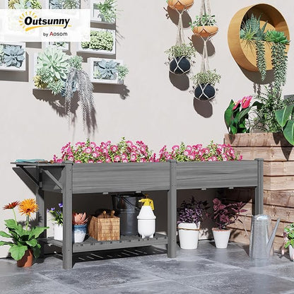 Outsunny Raised Garden Bed, Wood Elevated Planter Box with Side Table, Bottom Shelf, Outdoor Raised Planter with Bed Liners, Drainage Holes for Vegetable Flower, 81.5 x 23 x 31 in, Gray