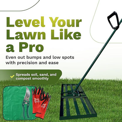Lawn Leveling Rake 30x10 inch, Anti Flip - Heavy Duty Leveling Tool, Steel Handle, and Rake Head– Includes Gloves, Planting Mat, and Garden Shears – Yard Leveler for Lawn Garden, Soil, Sand, and Grass