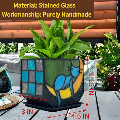 Tiffany Stained Glass Unique Moon Sleeping Blue Cat Planter,Indoor Plant Pots with Drainage,Cute Cat Planter Pots,Decorative Plant Pots, Dried Flowers Pot,Cute Gardening Gifts