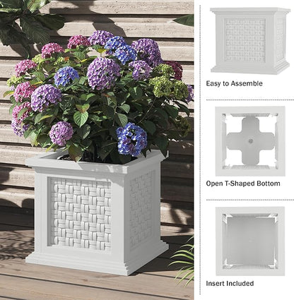 Rattan Style Outdoor Planter Box - 14.65-Inch-Square Decorative Flower or Plant Pot - Garden, Patio and Front Porch Decor by Pure Garden (White)