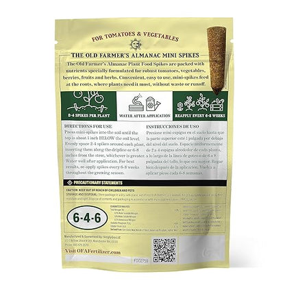 The Old Farmer's Almanac Tomato & Vegetable Plant Food Mini Spikes - NPK 6-4-6 for Continuous Feeding and Bountiful Harvests (12 Mini Plant Food Spikes)