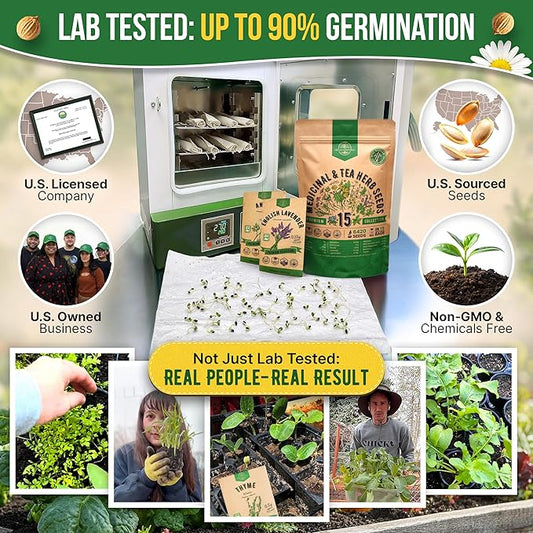 Organo Republic 15 Medicinal & Tea Herb Seeds Variety Pack 6,420+ Non-GMO Heirloom Garden Seeds for Indoor & Outdoors, Including Anise, Borage, Cilantro, Chamomile, Dandelion, Rosemary Seeds