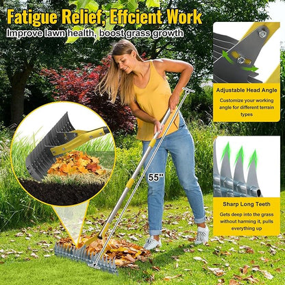 Thatch Rake, 2 in 1 Stainless Steel Garden Rake for Thatch Leaves,55” Heavy Duty 19 Tines Lawn Manual Dethatcher with Adjustable Head,Thatching Rakes for Lawn Yard Grass,Debris Removal, Soil Loosen