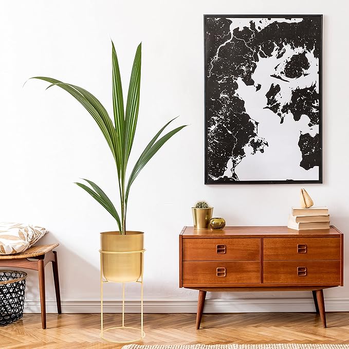 Olly & Rose Matt Metal Plant Pot with Gold Plant Stand - Tall 20 Inch Height Large Plant Pot Indoors with Stand - Large Decorative Planter