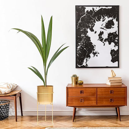 Olly & Rose Matt Metal Plant Pot with Gold Plant Stand - Tall 20 Inch Height Large Plant Pot Indoors with Stand - Large Decorative Planter