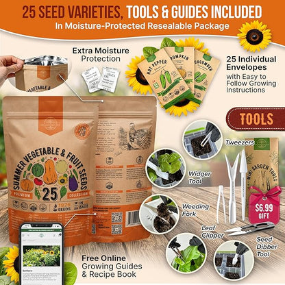 25 Summer Vegetable & Fruit Seeds Variety Pack - 1,870+ Non-GMO Heirloom Veggie & Fruits Seeds for Outdoors and Indoor Home Gardening, Including Collards, Tomato, Pepper, Okra, Onion, Bean, Cucumber