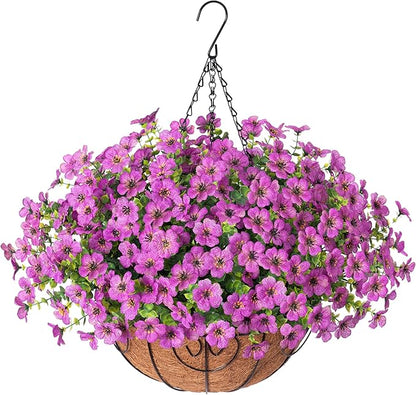 HyeFlora Artificial Fake Hanging Plants Flowers Basket for Outdoor Outside Porch Spring Decoration, Faux Silk Purple Daisy Realistic UV Resistant in Planter for Home Patio Balcony Garden Yard