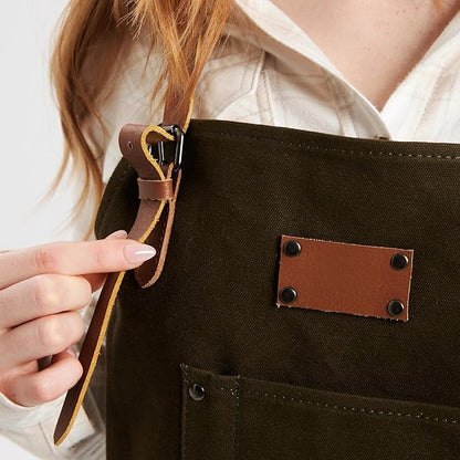 Theodore Waxed Canvas Work Apron - Cross Back with Leather Straps, 14oz Heavy Duty Canvas, Multi-Pocket Utility