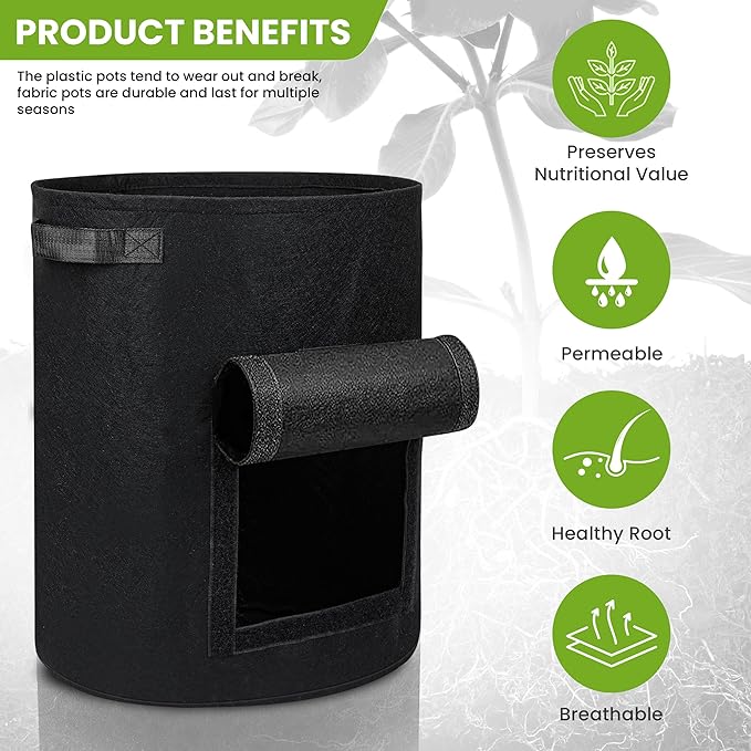 Utopia Home 10-Gallon Potato Grow Bags Pack of 4 – Foldable, Breathable, and Non-Woven Vegetable Planters – Easy to Move Gardening Pots with Reinforced Handles and Harvest Flap (2 Grey, 2 Black)