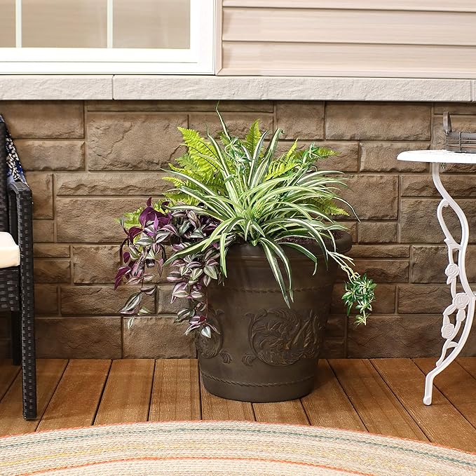 Sunnydaze 19.5-Inch Arabella Large Plastic Pot for Plants - Outdoor Double-Walled Polyresin Large Plastic Planter with Drillable Drainage Holes - Sable