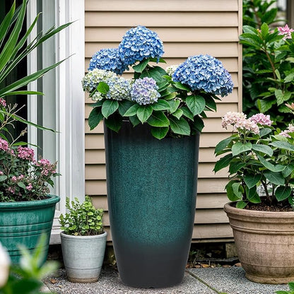23.8" Tall Outdoor Planters Set of 2, Ceramic-Look Large Flower Pots for Indoor Outdoor Plants, All Seasons for Porch, Balcony, Garden, Patio or Home Art Decor, Gradient Turquoise Finish