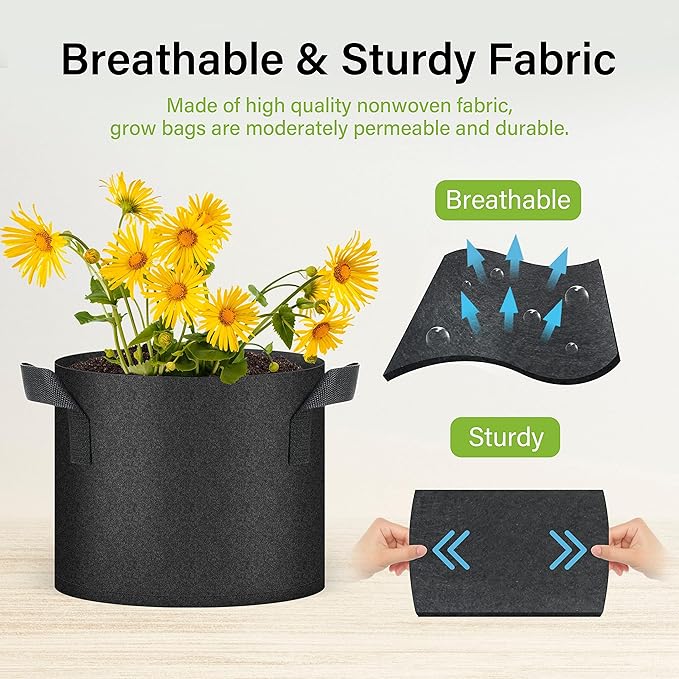 HealSmart 5 Gallon 10 Pack Plant Grow Bags, Tomoato Planter Pots with Handles, Aeration Nonwoven Fabric, Heavy Duty Gardening Planter for Vegetable, Herbs and Flowers, Black