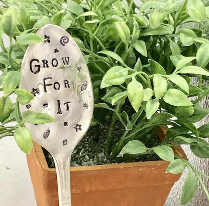 Garden Marker, Plant Stake GROW FOR IT, silver plate recycled stamped Spoon, Stick in your Flower pots Herbs or Plants