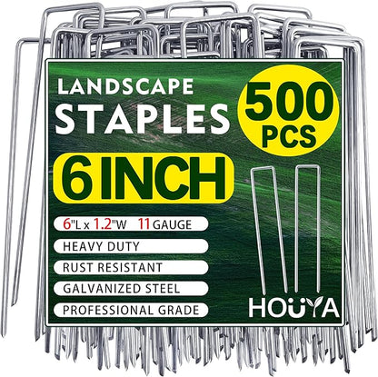 500 PCS Landscape Staples 6 Inch Galvanized Garden Stakes Garden Staples Pins Anti-Rust Ground Stakes for Weed Barrier, Irrigation Hose, Yard Lawn SOD, Landscape Fabric, Decor 6"L x1.2"W 500pcs