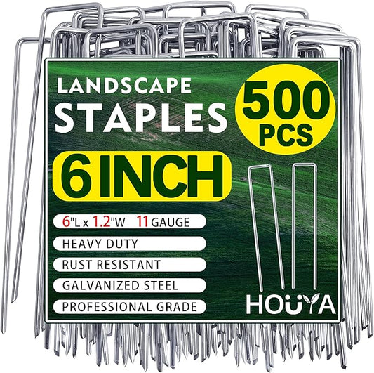 500 PCS Landscape Staples 6 Inch Galvanized Garden Stakes Garden Staples Pins Anti-Rust Ground Stakes for Weed Barrier, Irrigation Hose, Yard Lawn SOD, Landscape Fabric, Decor 6"L x1.2"W 500pcs