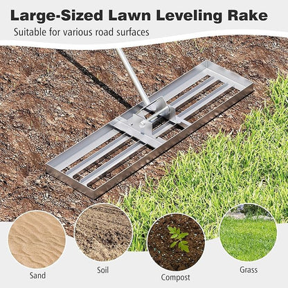 36" x 10" Lawn Leveling Rake, Heavy Duty Landscape Rake with 67" Handle, Non-Slip Grip & Flat Head, Space-Saving Lawn Level Tool for Garden, Backyard, Golf Course & Sports Field(Silver)