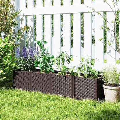 Outsunny 5 x 1 x 1 ft Raised Garden Bed, Indoor Outdoor Plastic Planter Box with Drainage Holes, Drain Plugs and Water Reservoirs for Vegetables, Herbs, Flowers & Succulents, Brown