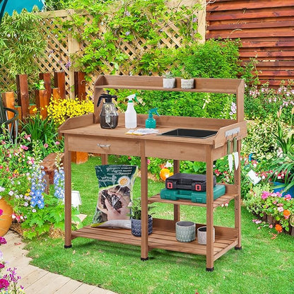 Yaheetech Potting Bench Outdoor Garden Work Bench Station Planting Solid Wood Construction for Horticulture w/Sink Drawer Rack Shelves Brown