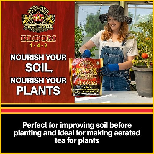 Royal Gold Crown Jewels Organic Bloom 1-4-2 Dry Soluble Fertilizer, 10 lbs - for Feeding Flowering Crops to Produce Vigorous Blossoms and Optimal Plant Development