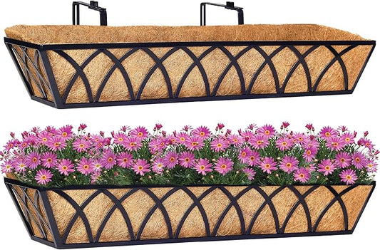 30 Inch Window Deck with Coco Liner Set of 2, 30" Window Boxes Horse Trough with Coconut Coir Liner,Metal Hanging Flower Planter Window Basket Deck Railing Planter Boxes for Outdoor Indoor Lawn