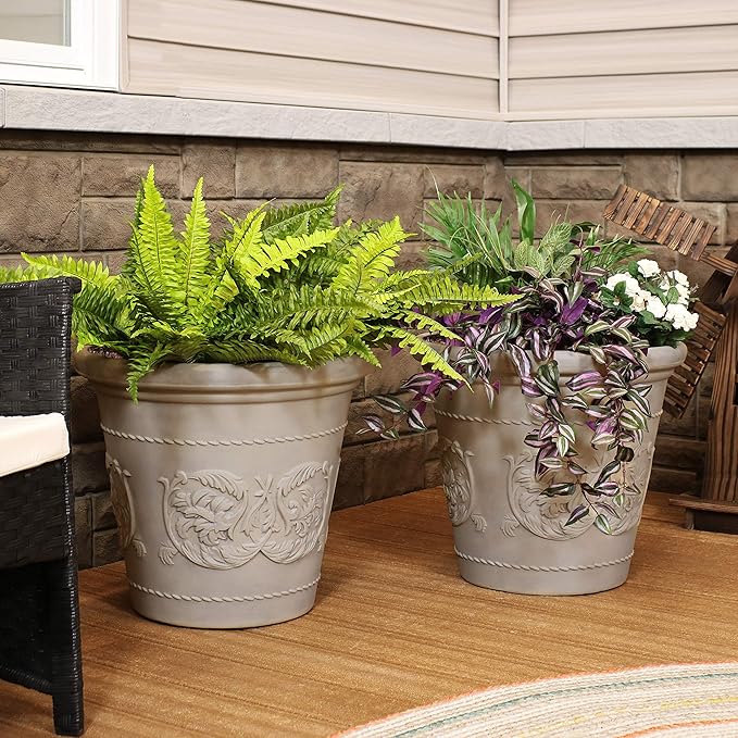 Sunnydaze 19.5-Inch Arabella Large Plastic Pot for Plants - Outdoor Double-Walled Polyresin Large Plastic Planter with Drillable Drainage Holes - Beige - 4-Pack