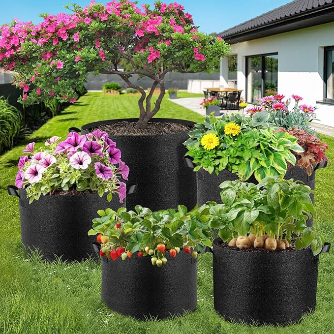 5 Pack 15 Gallon Grow Bags, Thickened Nonwoven Fabric Planter Pots with Handles, Heavy Duty 300G Garden Pots for Tomato, Potato and Vegetable