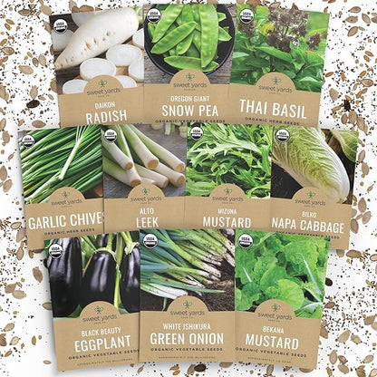 Organic Asian Garden Seeds Variety Pack - 10 Individual Packs - 2026 Season - Thai Basil, Bekana Mustard, Daikon Radish and More! for Indoor & Outdoor Planting (Non-GMO, Certified Organic)