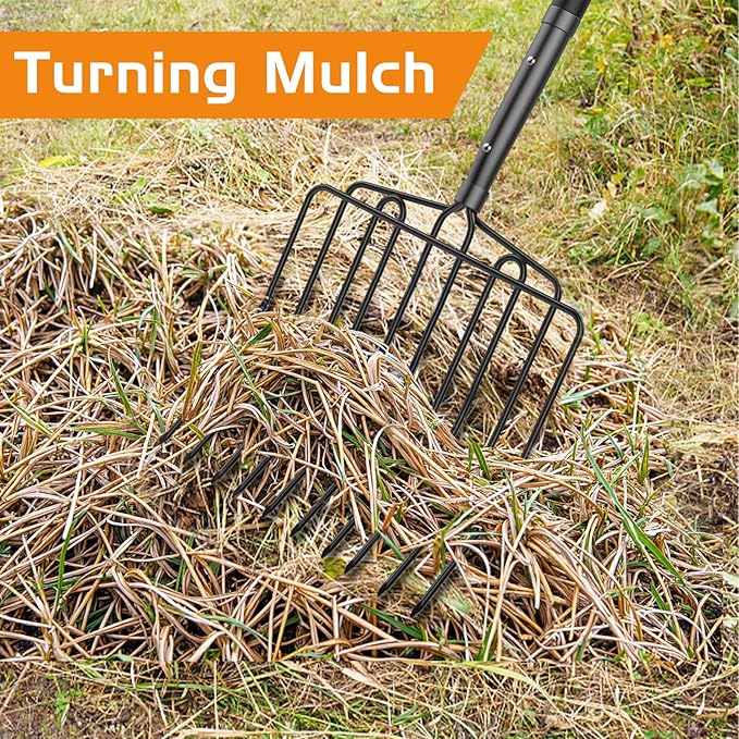 HIGHLIGHT 10-Tine Wide Head Pitch Fork for Manure & Hay, Heavy Duty with Unbreakable Fiberglass Handle, 45-Inch Ergonomic Grip