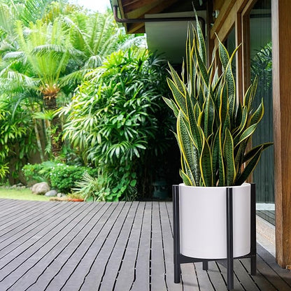 D'vine Dev Planter Pot with Stand - 14 Inch Plastic Cylinder Flower Pot with Wood Planter Holder for Indoor, Matte White Pot + Ebony Stand, 55-C-T-1