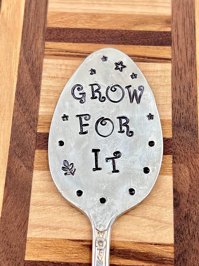 Garden Marker, Plant Stake GROW FOR IT, silver plate recycled stamped Spoon, Stick in your Flower pots Herbs or Plants