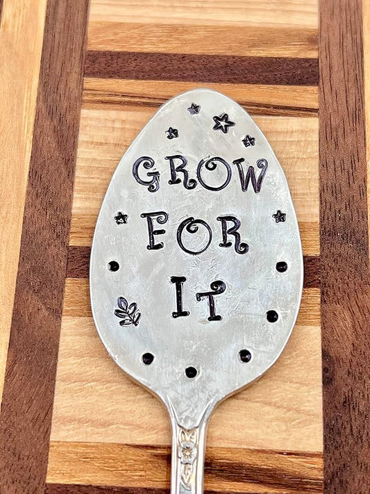 Garden Marker, Plant Stake GROW FOR IT, silver plate recycled stamped Spoon, Stick in your Flower pots Herbs or Plants