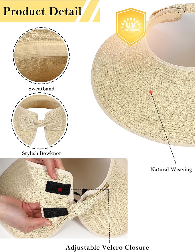 Womens Beach Straw Sun Hats Ponytail Hole Wide Brim Summer Visor Foldable Hat Sun Protection Packable for Travel Pool