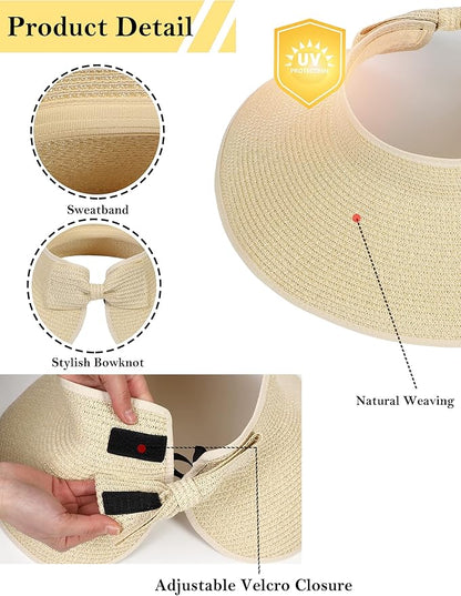 Womens Beach Straw Sun Hats Ponytail Hole Wide Brim Summer Visor Foldable Hat Sun Protection Packable for Travel Pool